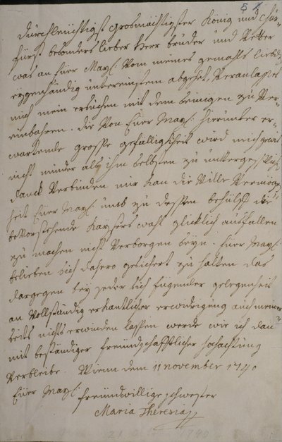 Mária Terézia levele II. Frigyes királynak, amelyben támogatását kéri férje I. Ferenc birodalmi megválasztásához, 1740. november 11-én (toll és tinta papíron) alkotó: Maria Theresa of Austria